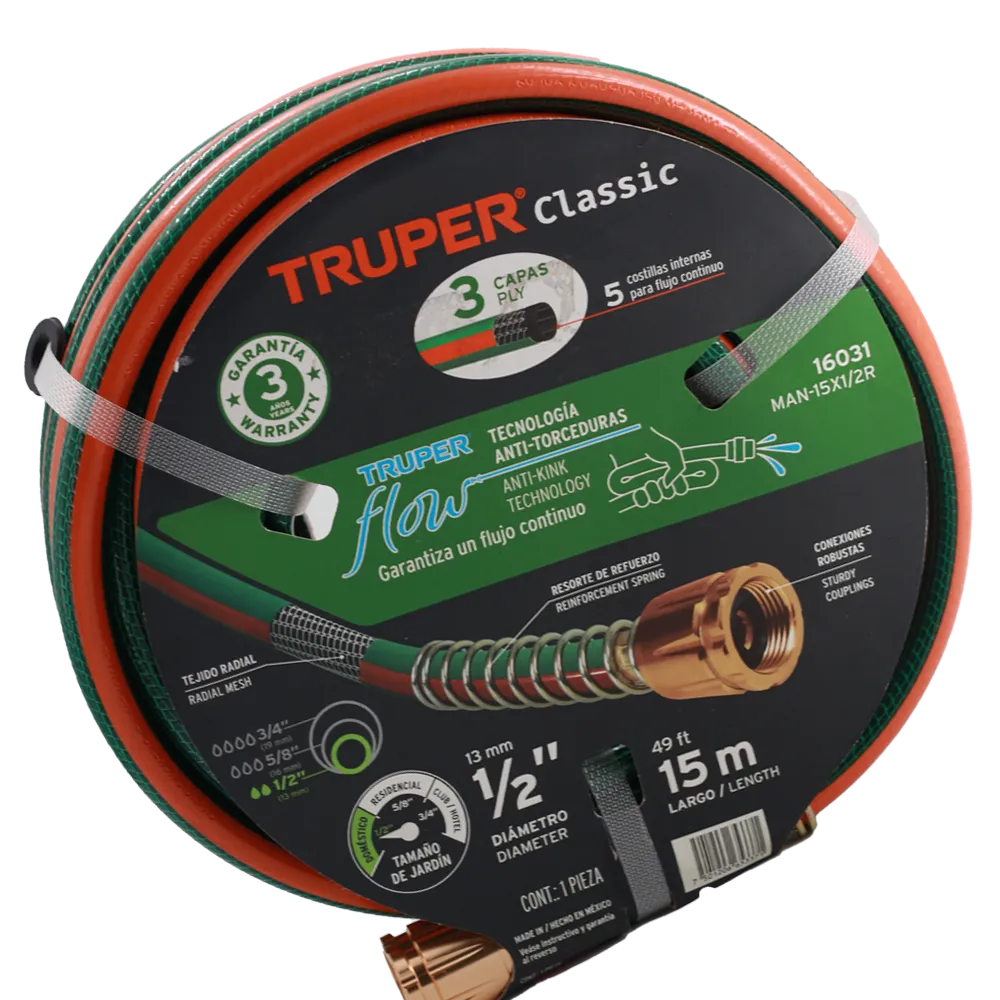 Manguera 1/2" Reforzada 3 Capas 15 Mts Verde Truper 1 Pz
