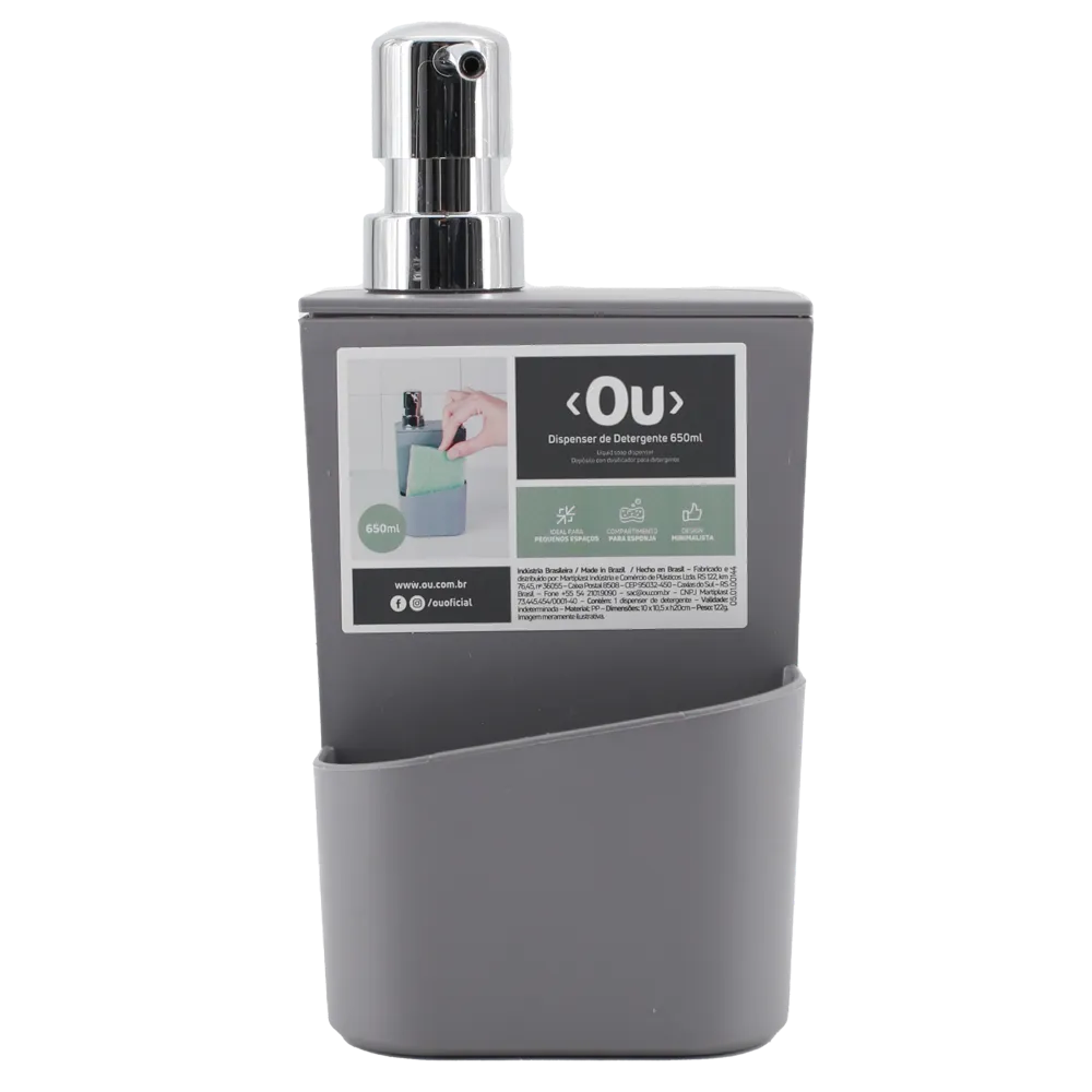 Dispensador De Jabon Con Porta Esponja 650Ml Gris Ou 1 Pz