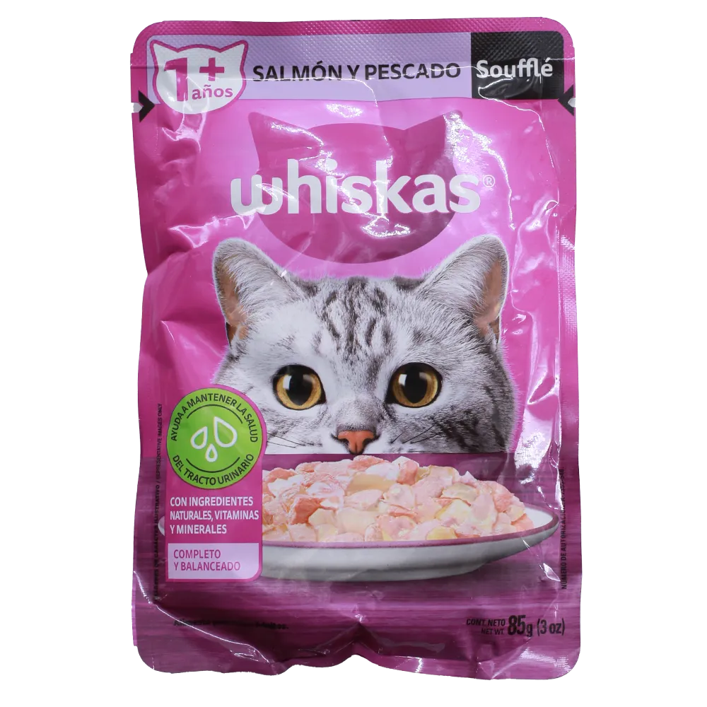Alimento Humedo Para Gato Pouche Souffle Salmon Y Pescado Whiskas 85 g