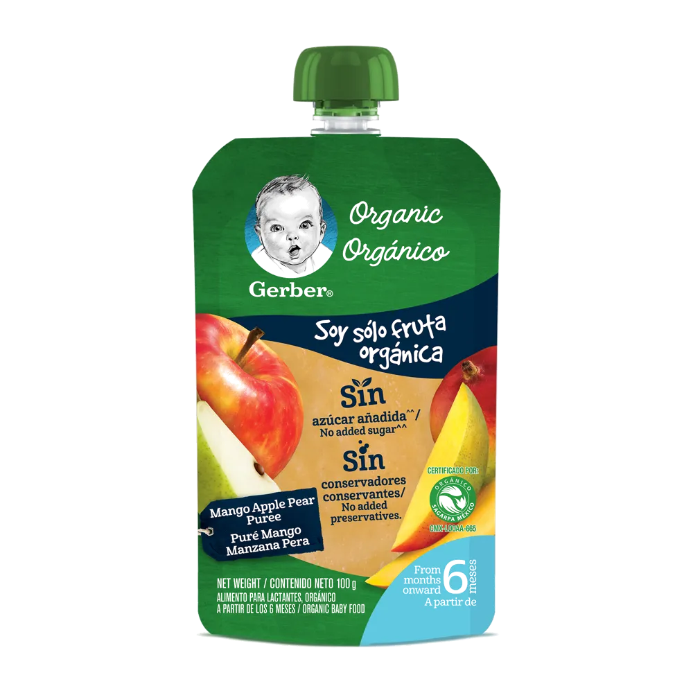 Papilla Gerber Orgánico Pouch Etapa 2 Mango, Manzana, Pera 100g