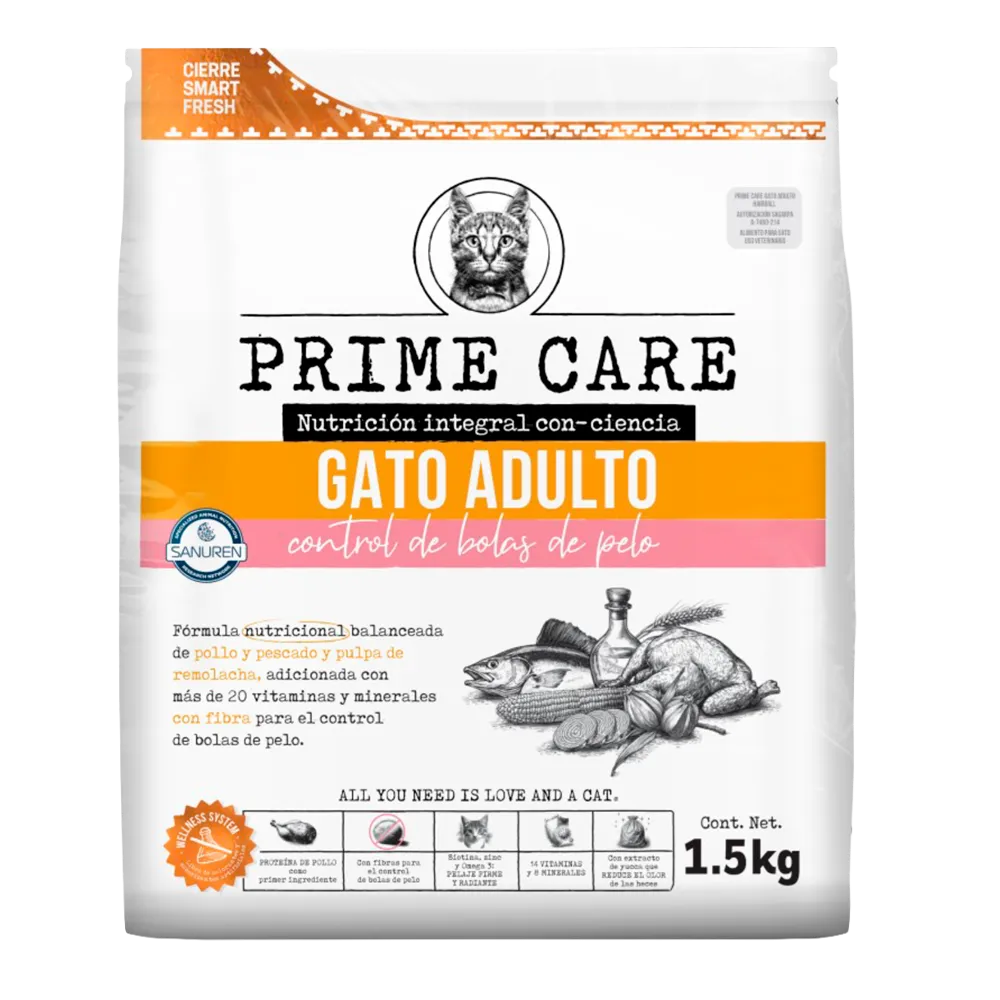 ALIMENTO SECO PARA GATO ADULTO HAIRBALL PRIME CARE POLLO Y PESCADO PRIME CARE 1.5 KILOGR