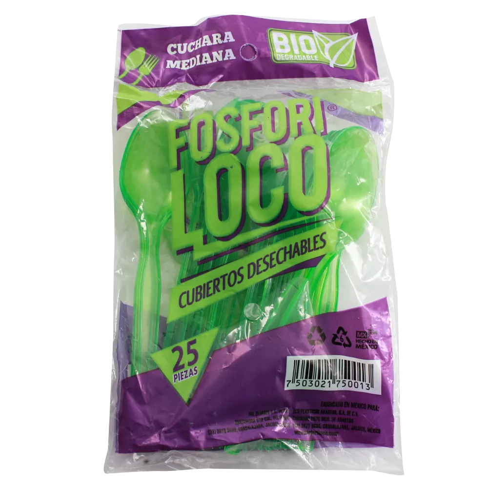 Cuchara Desechable Biodegradable Mediana Colores Fosforiloco 25 Pza