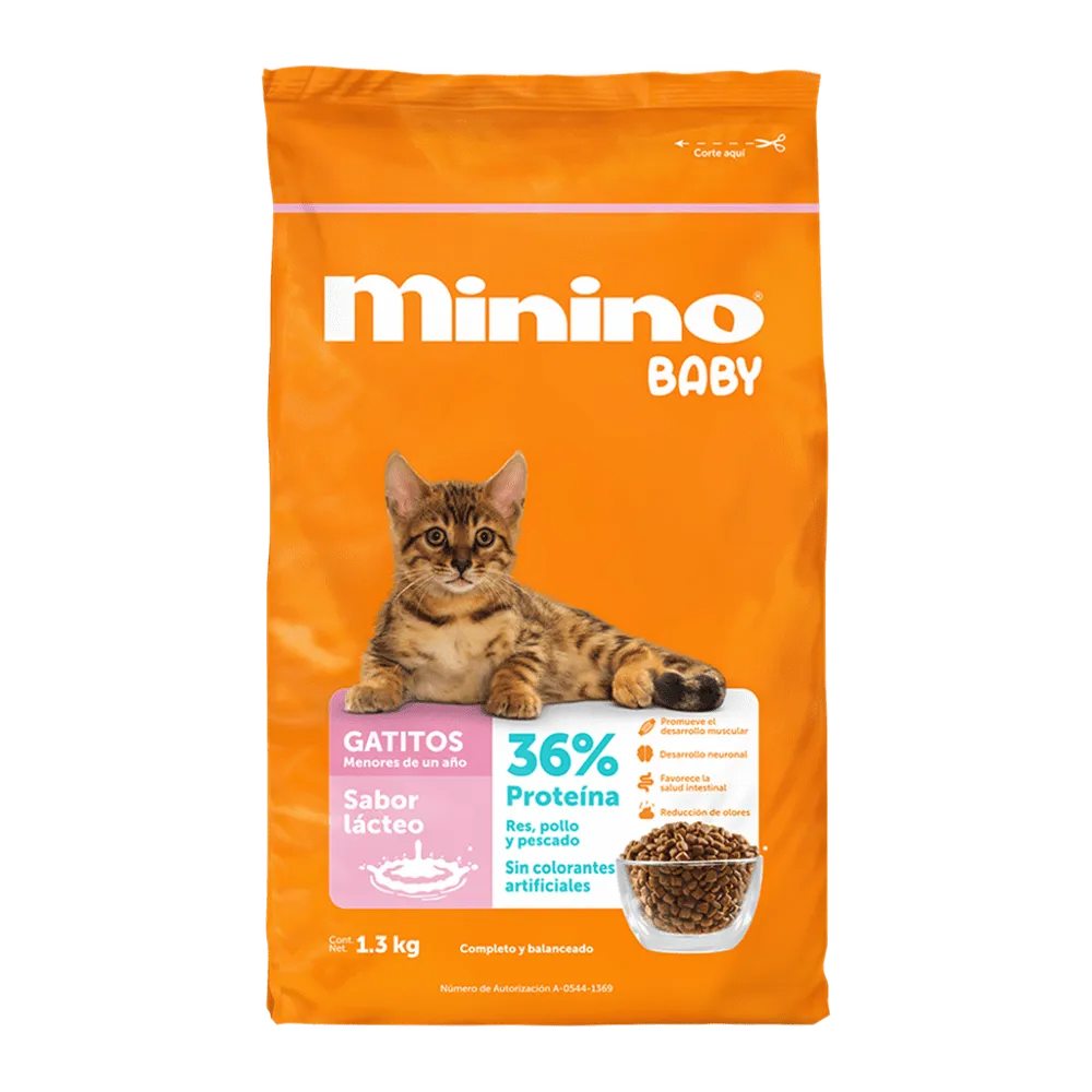 ALIMENTO SECO P/GATITO LACTEO MININO BABY 1.3 KILOGR