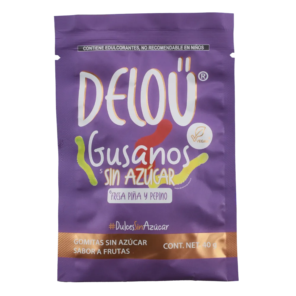 GUSANOS DE GOMITA SIN AZUCAR SABOR FRUTAL CHILE DELOU 40 GRAMOS