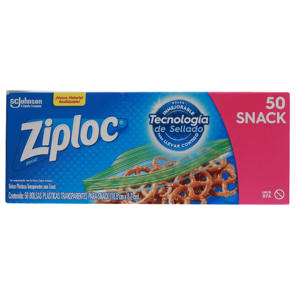 BOLSA P/ ALIMENTOS C/CIERRE SNACK 16.5X8.2 ZIPLOC 50 PIEZA