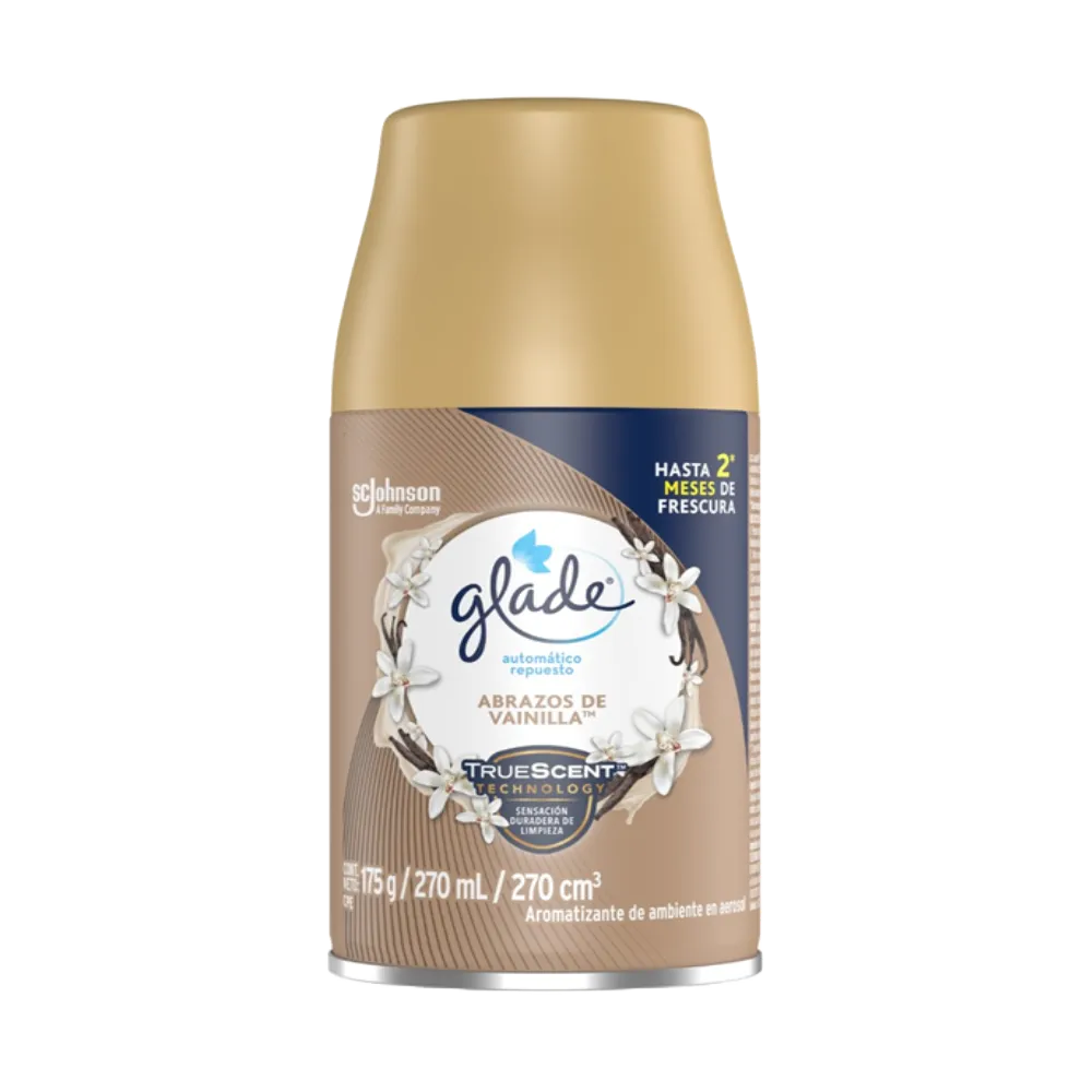 Aromatizante Aerosol Repuesto Auto Abrazos De Vainilla Glade 270 Ml
