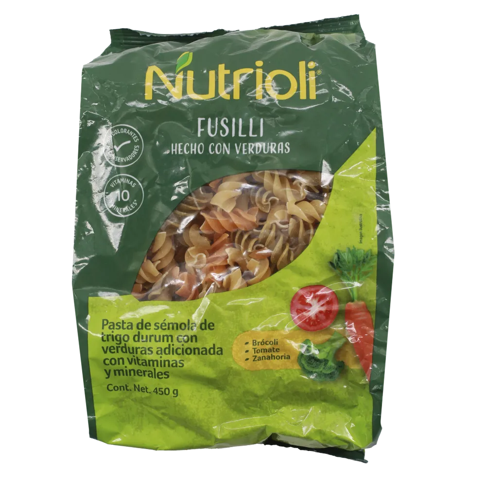 PASTA PARA SOPA FUSILLI HECHA CON VERDURAS NUTRIOLI 450 GRAMOS