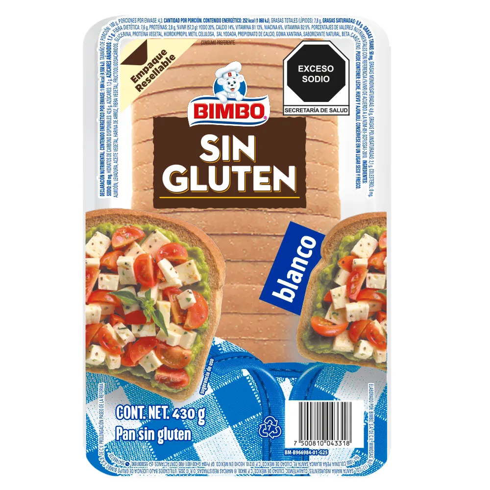 PAN BLANCO SIN GLUTEN BIMBO 430 GRAMOS