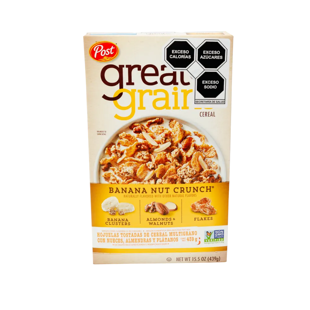 Cereal Great Gains Nueces Almendras y Plátanos Post 439 g