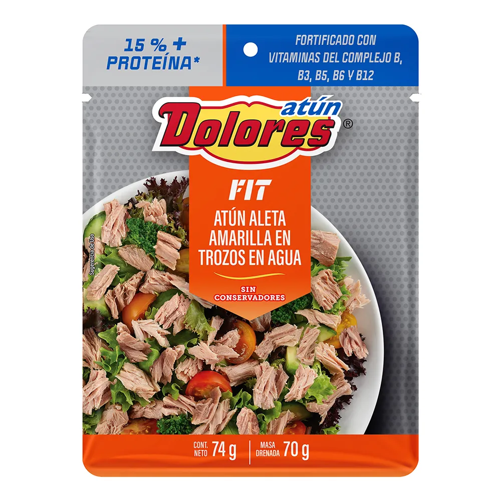 ATUN EN AGUA POUCH PROTEINA DOLORES 74 GRAMOS
