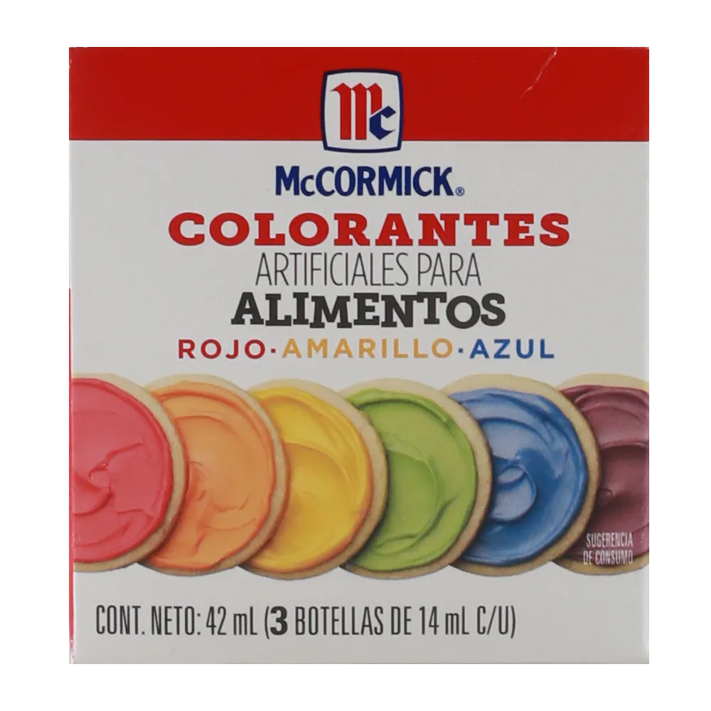 Colorantes artificiales para alimentos rojo, amarillo y azul Mccormick 42 Ml