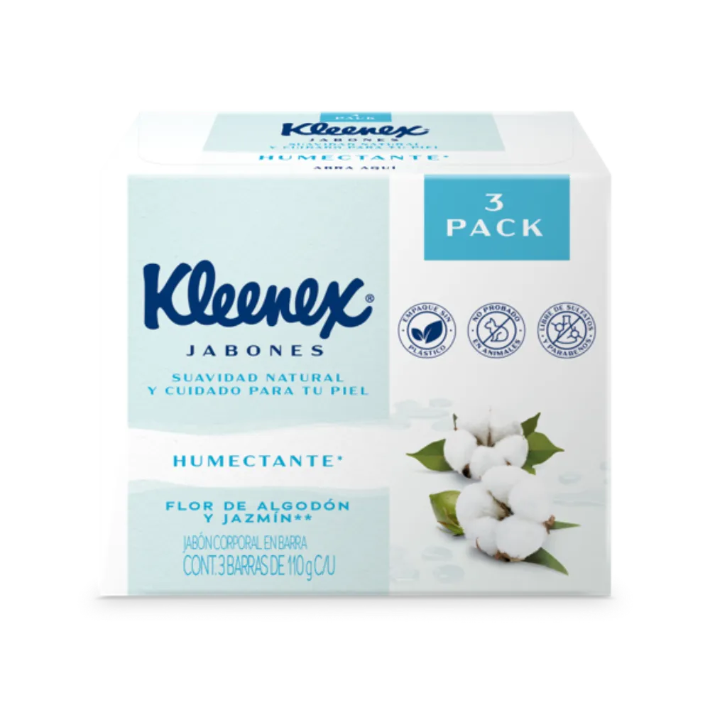 Jabon De Barra 3 Pack Flor De Algodon Y Jamaica Kleenex 110 g