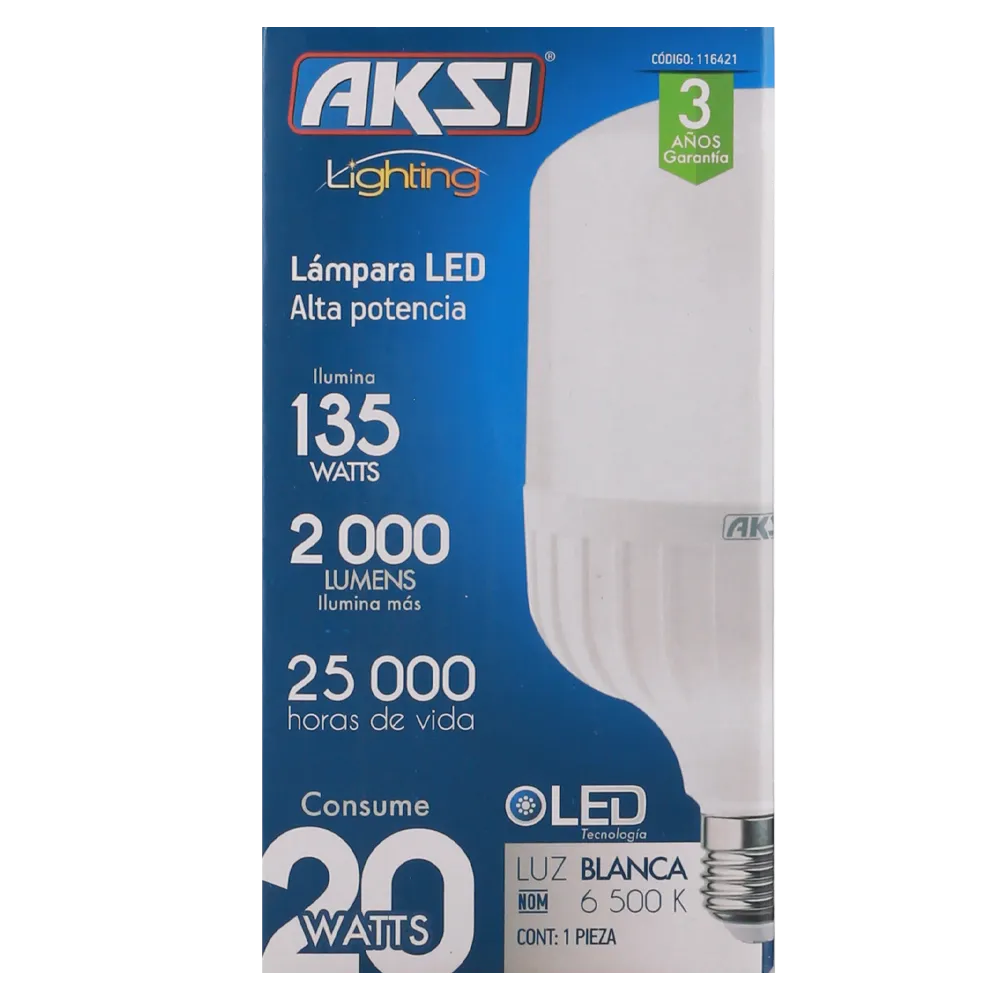 Foco Led Alta Potencia 20W Tipo T Luz Blanca E27 Aksi 1 Pza