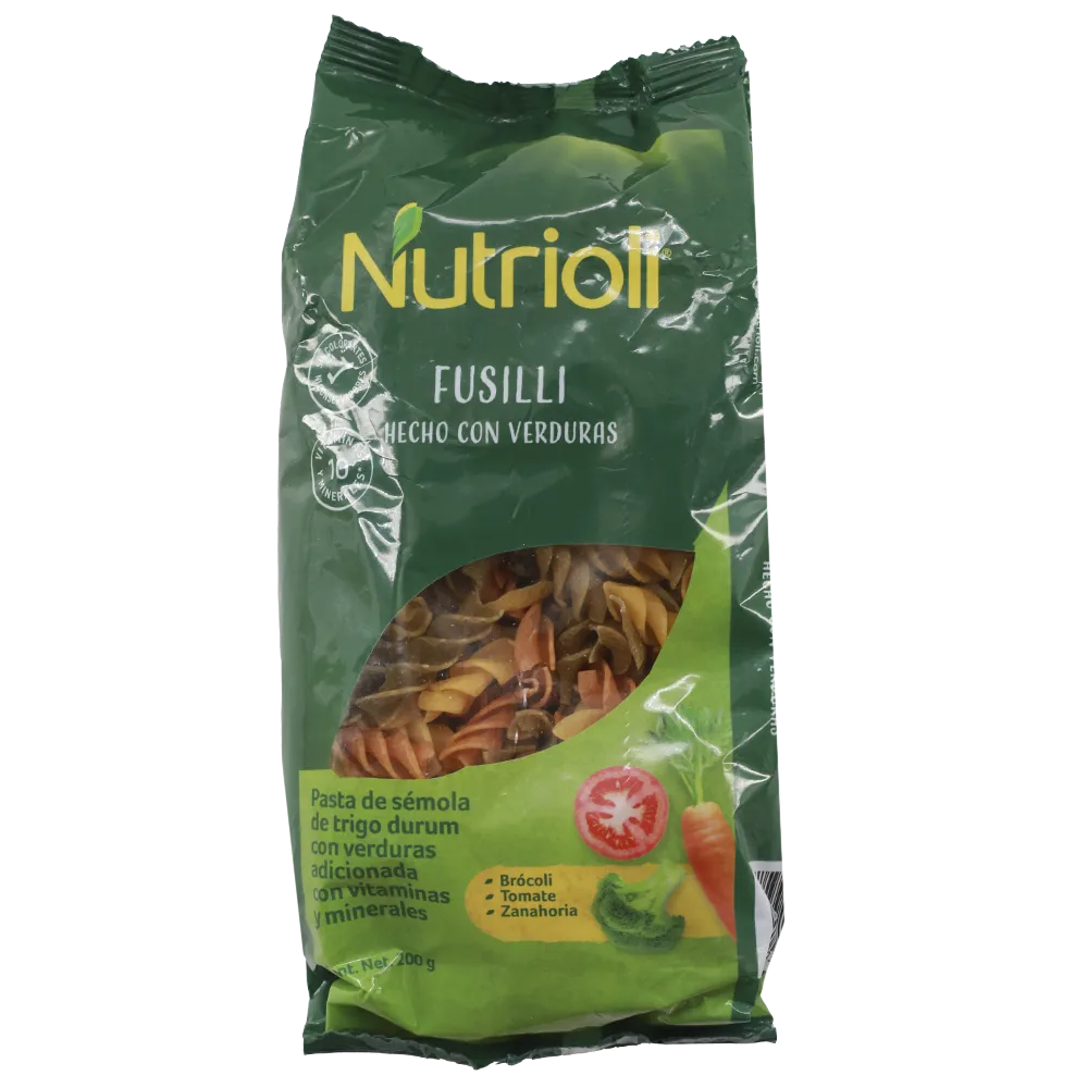 PASTA PARA SOPA INTEGRAL FUSILLI CON VERDURAS NUTRIOLI 200 GRAMOS