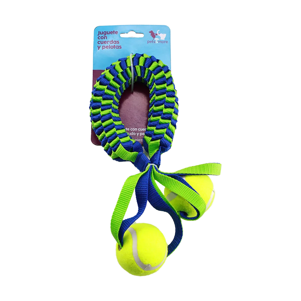 JUGUETE CON CUERDA Y PELOTAS DE TENIS AZUL/ VERDE/AMARILLO PETS & MORE 1 PIEZA