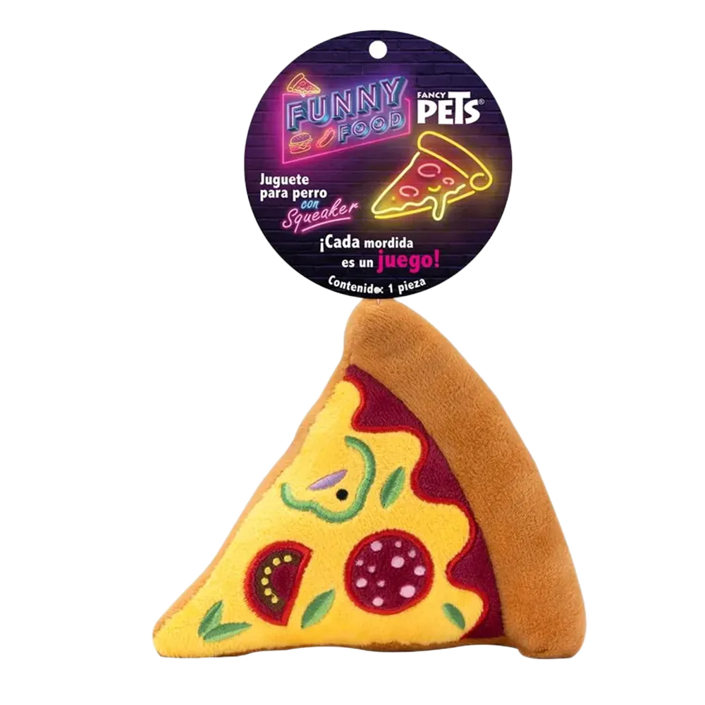 JUGUETE PIZZA C/SQUEAKER FUNNY FOOD AMARILLO CON CAFÉ FANCY PETS 1 PIEZA