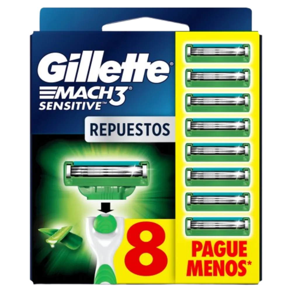 CARTUCHO AFEITAR MACH 3 SENSITIVE ALOE VERA GILLETTE 8 PIEZA