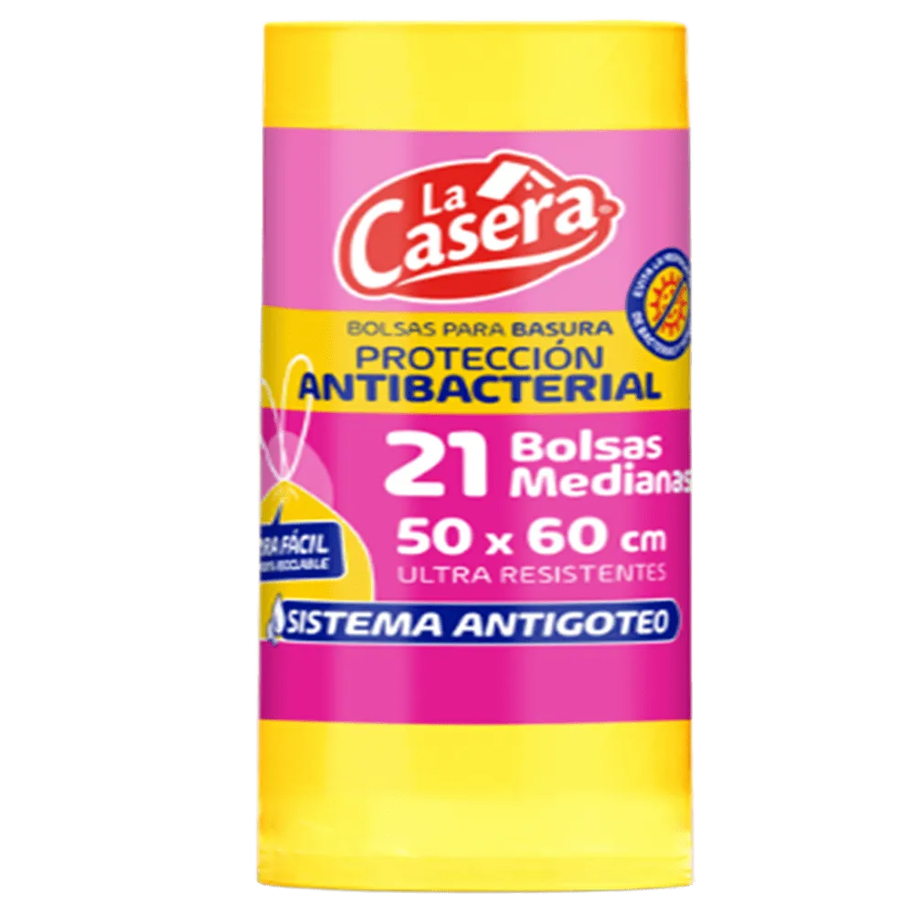 BOLSA P/BASURA ANTIBACTERIAL C/JARETA MED 50X60 LA CASERA 21 PIEZA