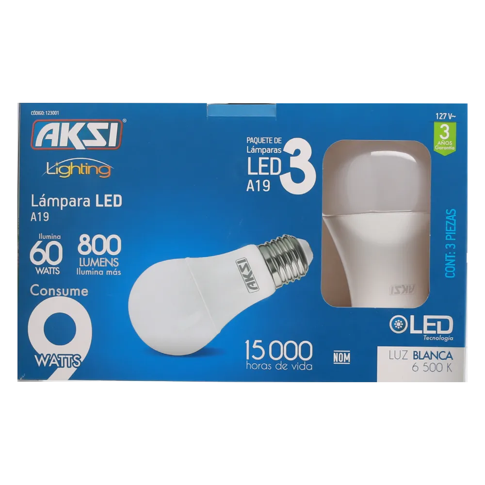 Foco Led 3Pack-A19 9W Luz Blanca Caja Color Aksi 1 Pza