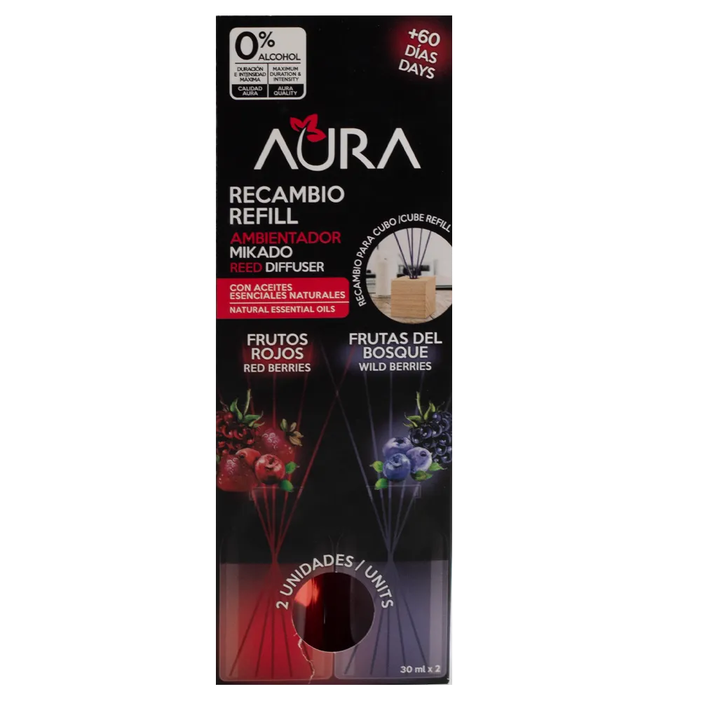 AROMATIZANTE LIQUIDO REFILL MIKADO REPUESTO 2 FRUTAS DEL BOSQUE Y AURA 2 PIEZA
