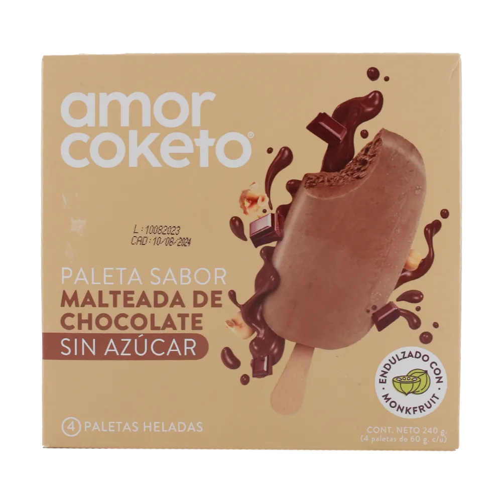 Paleta Sabor Malteada De Chocolate Sin Azcar Amor Coketo 4 Pza