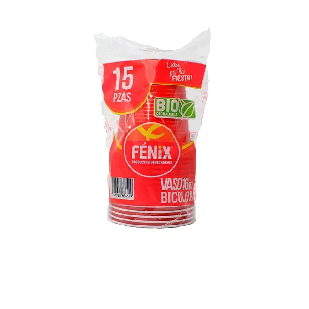 VASO 16 OZ DESECHABLE BIODEGRADABLE 16 OZ ROJO FENIX 15 PIEZA