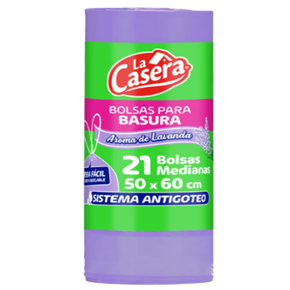 BOLSA P/BASURA LAVANDA C/JARETA GDE 62X80 LA CASERA 15 PIEZA