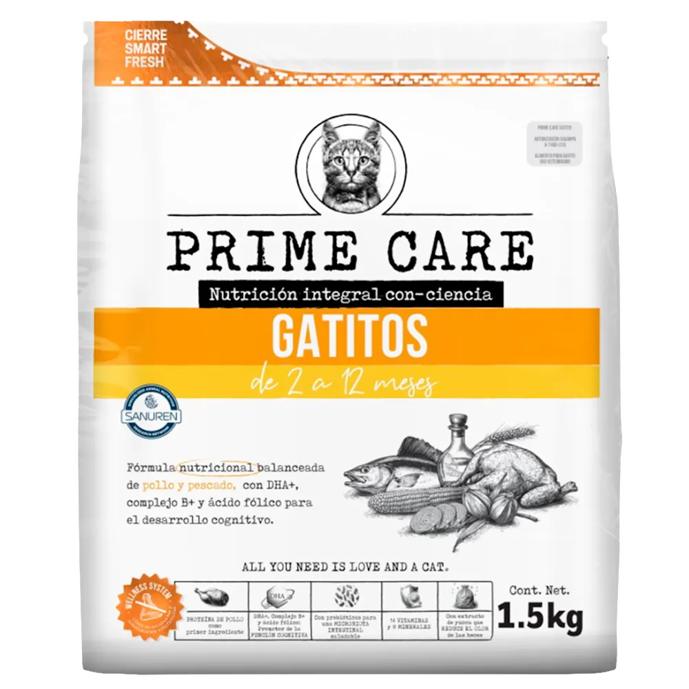 ALIMENTO SECO PARA GATITOS PRIME CARE POLLO Y PESCADO PRIME CARE 1.5 KILOGR