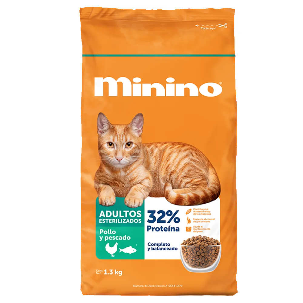 ALIMENTO SECO P/GATO ESTERILIZADO POLLO Y PESCADO MININO 1.3 KILOGR