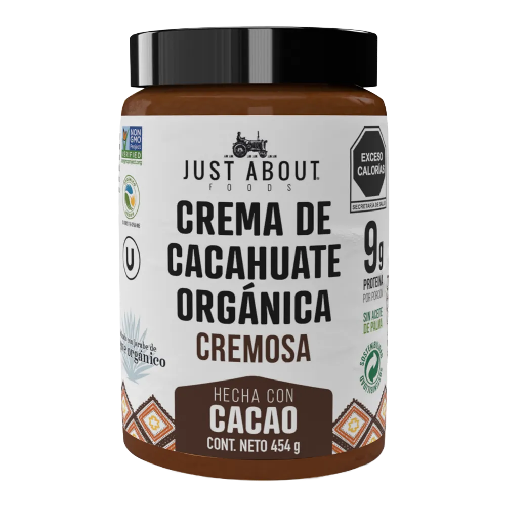 CREMA DE CACAHUATE ORGANICA CON CACAO JUST ABOUT 454 GRAMOS