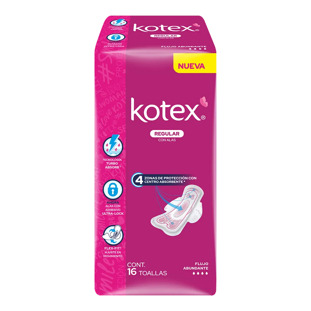 Toallas anatomicas con alas Kotex 16 Pza
