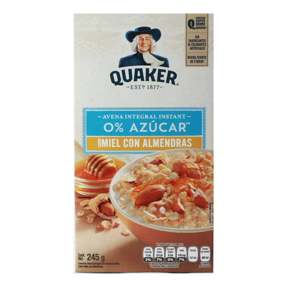 Avena Instantanea Almendra Miel Sin Azucar Quaker 245 Gr