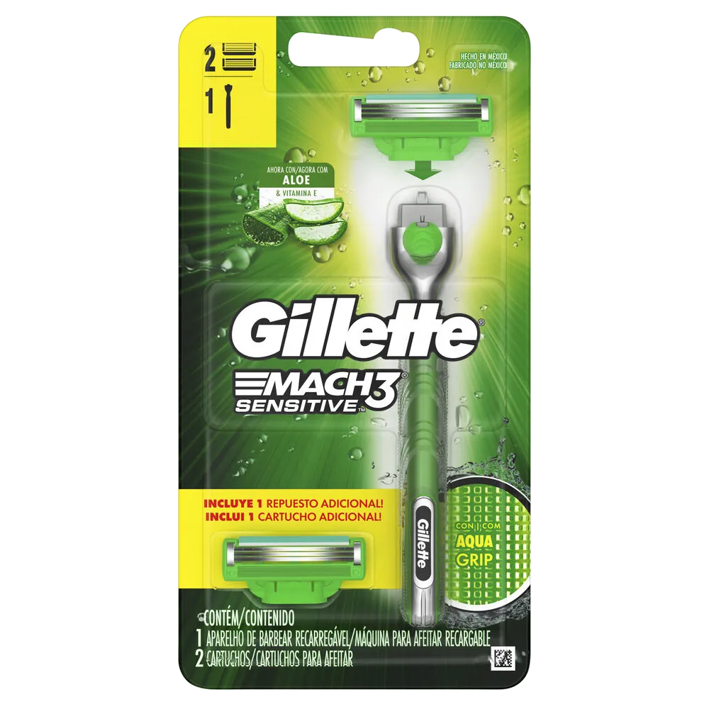 Maquina Afeitar Mach3 Sensitive 2 Cartuchos Aqua Grip Mach 3 3 Pza