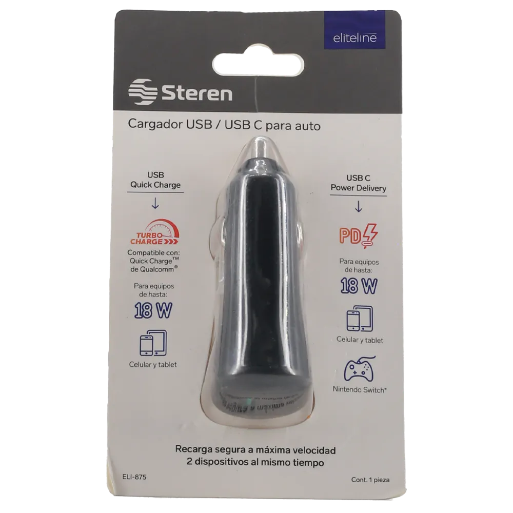 Cargador Usb Y Usb C De 36 W Con Turbo Para Auto Steren 1 Pza