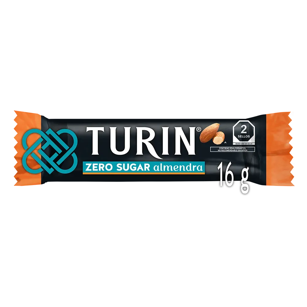 BARRA CHOCOLATE ZERO AZUCAR CON ALMENDRA TURIN 16 GRAMOS