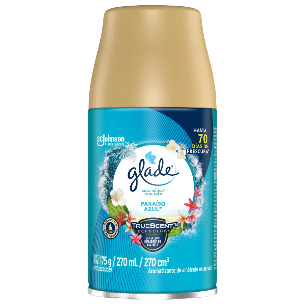 Aromatizante Aerosol Repuesto Automatico Paraiso Azul Glade 270 Ml