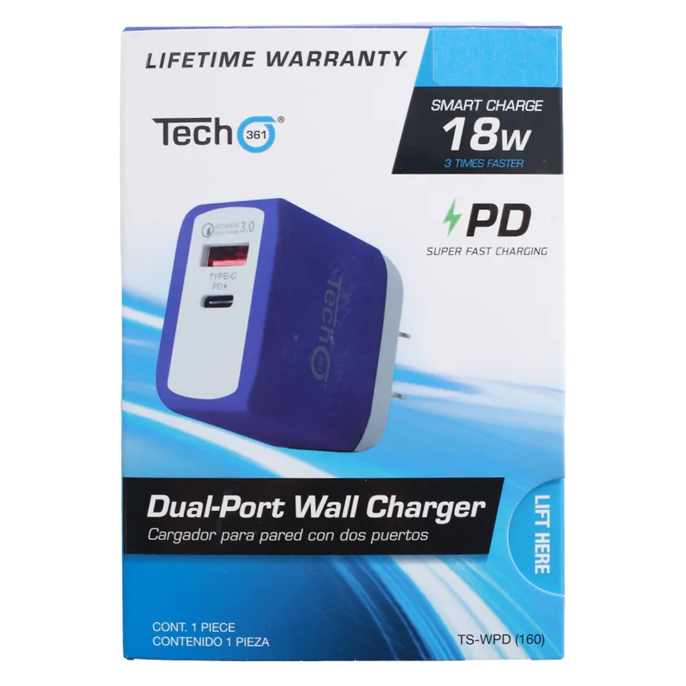 Cargador De Doble Puerto Pd Y Usb-A Tech 361 1 Pza