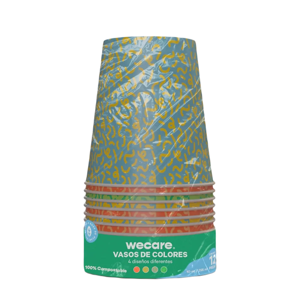 Vaso 10 Oz Desechable Compostable Colores Wecare 12 Pza