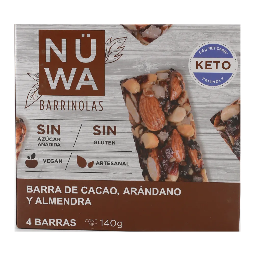 BARRA DE CACAO MENTA ALMENDRA Y ARANDANO NUWA 150 GRAMOS