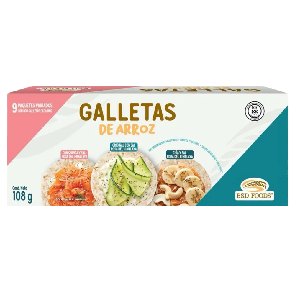 CAJA SURTIDA DE GALLETAS DE ARROZ 9 EMPAQUES INDIV BSD FOODS 108 GRAMOS